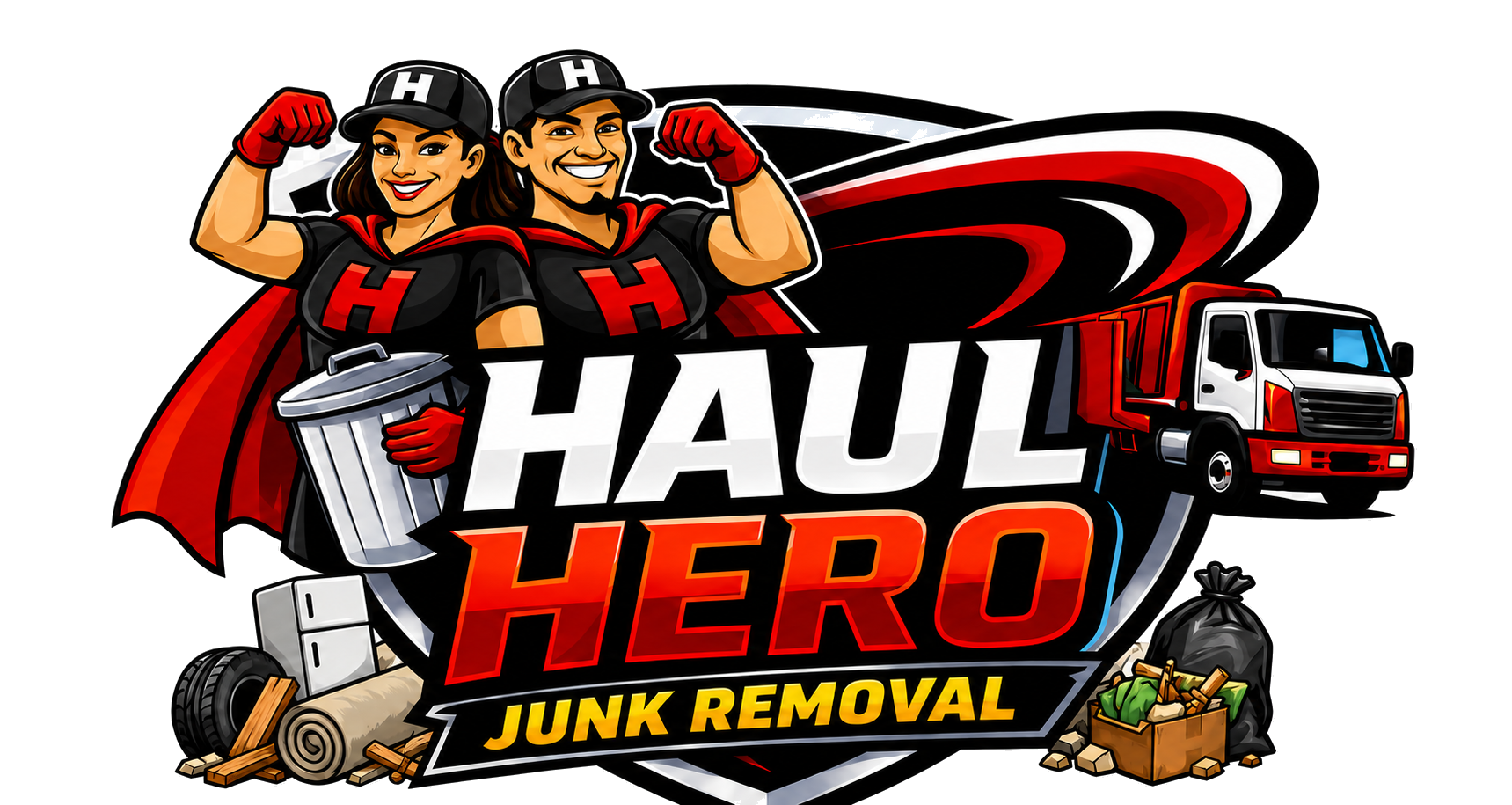 Haul Hero Junk Removal logo with two superhero haulers and a red truck